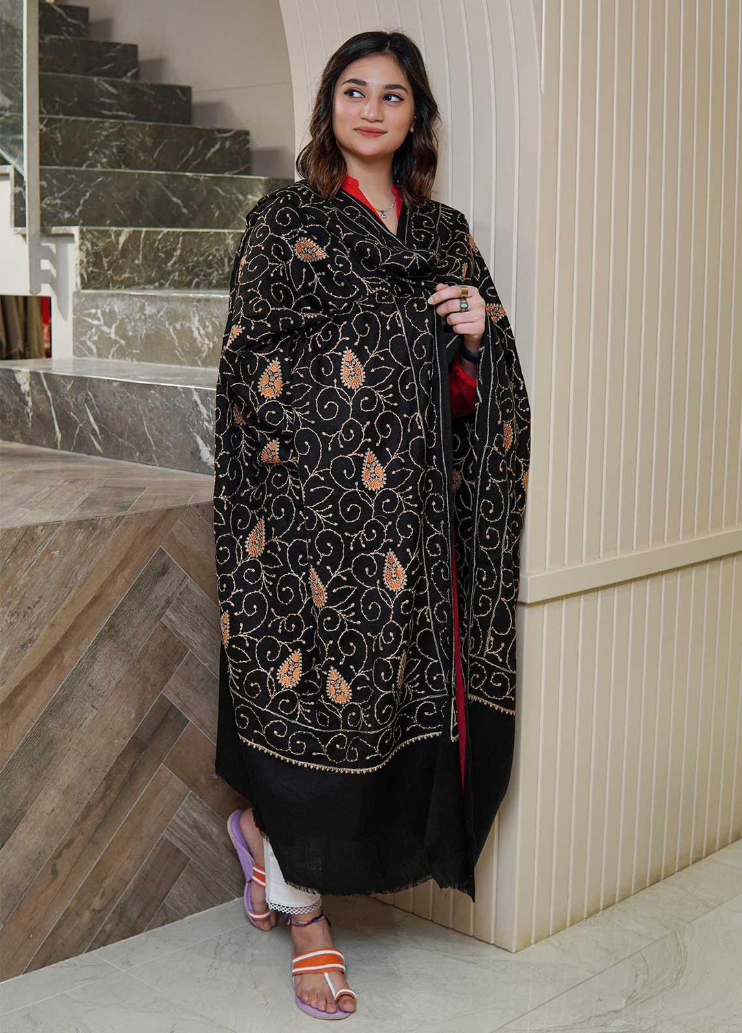 Sanaulla Exclusive Range  Pashmina  Shawls AKP-20 Black 01 - Pashmina Shawls