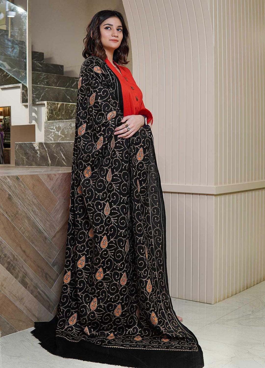 Sanaulla Exclusive Range  Pashmina  Shawls AKP-20 Black 01 - Pashmina Shawls