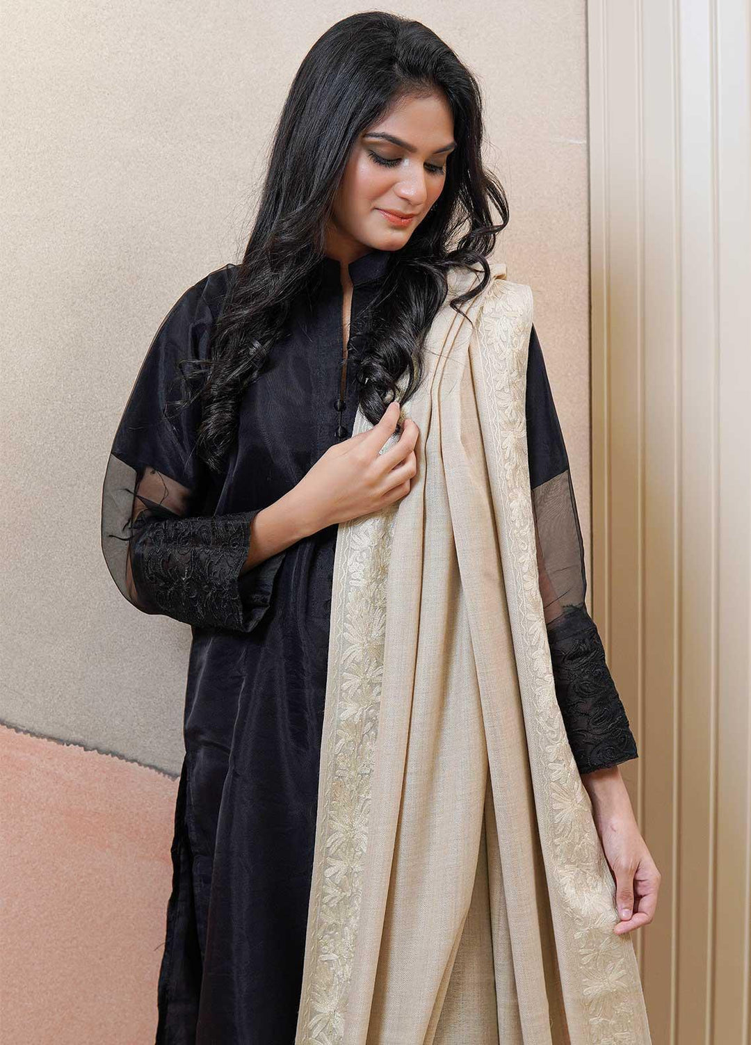 Sanaulla Exclusive Range  Pashmina  Shawls MAMA-52 Fawn-1 - Pashmina Shawls