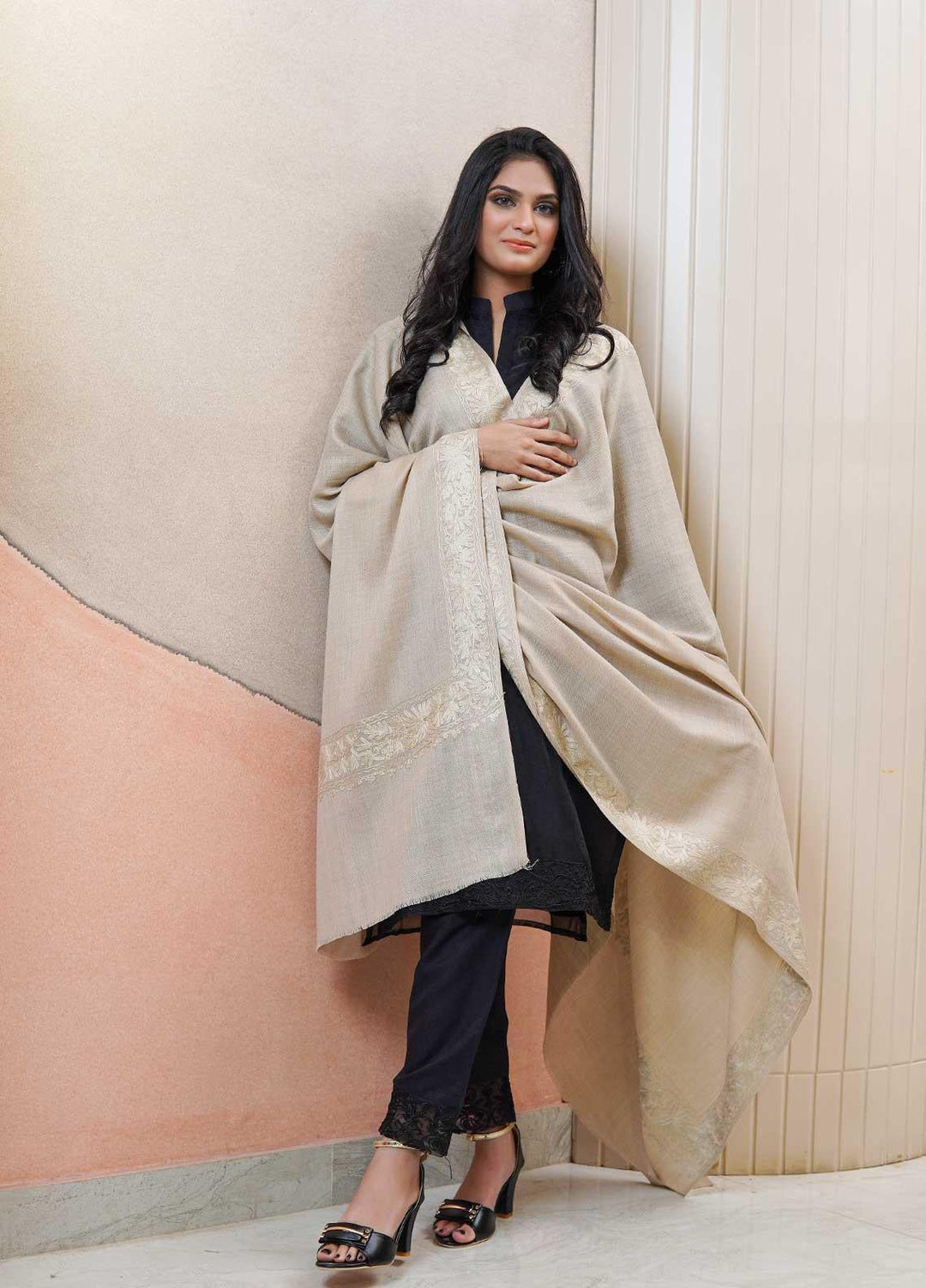 Sanaulla Exclusive Range  Pashmina  Shawls MAMA-52 Fawn-1 - Pashmina Shawls