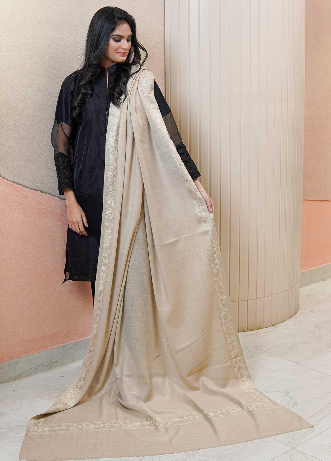 Sanaulla Exclusive Range  Pashmina  Shawls MAMA-52 Fawn-1 - Pashmina Shawls