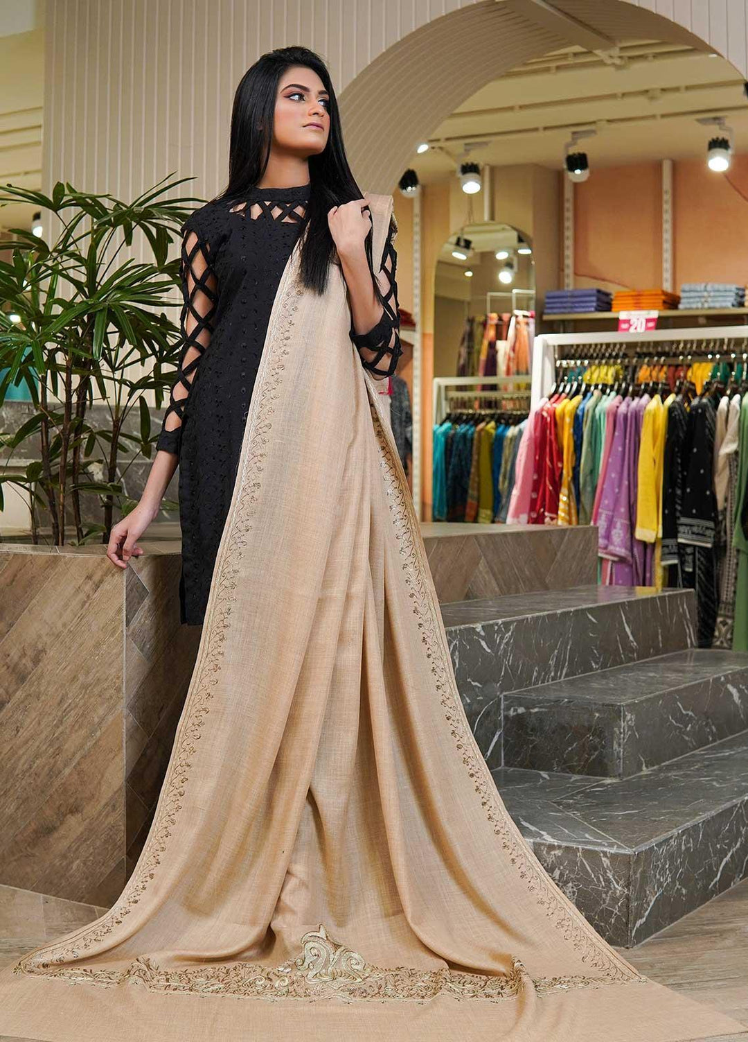 Sanaulla Exclusive Range  Pashmina  Shawls MAMA-53 Fawn-2 - Pashmina Shawls