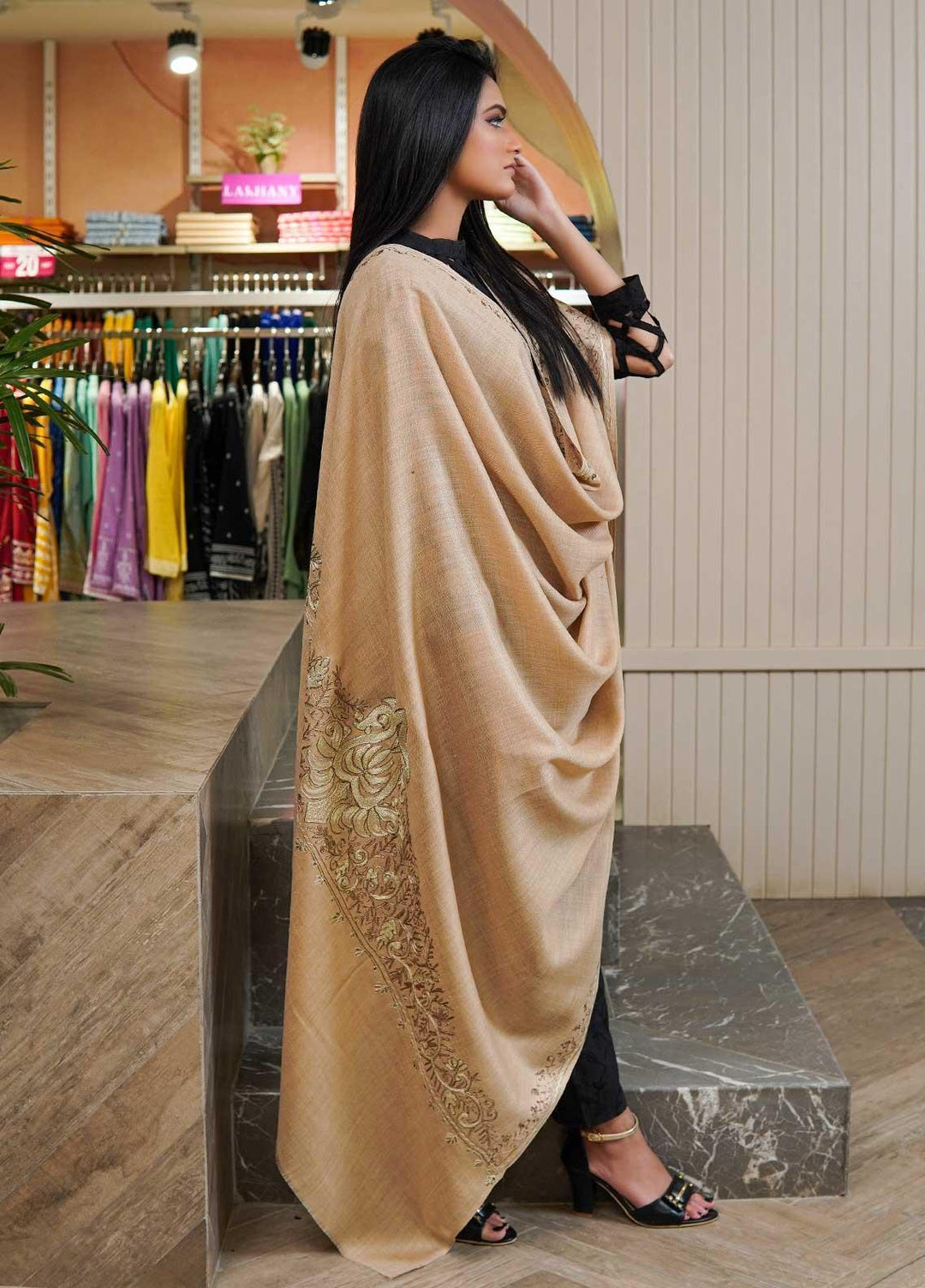 Sanaulla Exclusive Range  Pashmina  Shawls MAMA-53 Fawn-2 - Pashmina Shawls