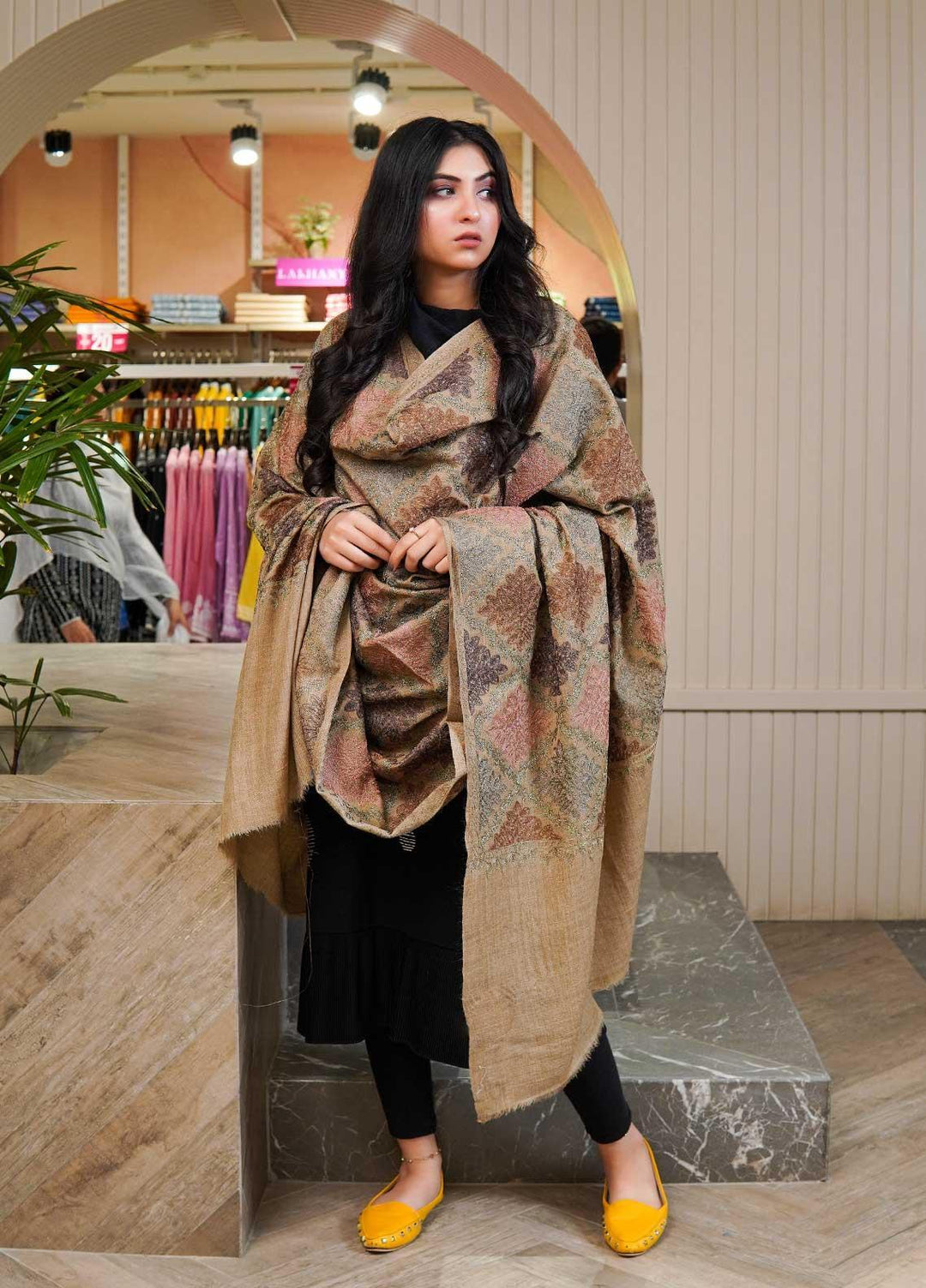 Sanaulla Exclusive Range  Pashmina  Shawls Burfi Jaal AD KPS-26 Brown02 - Pashmina Shawls