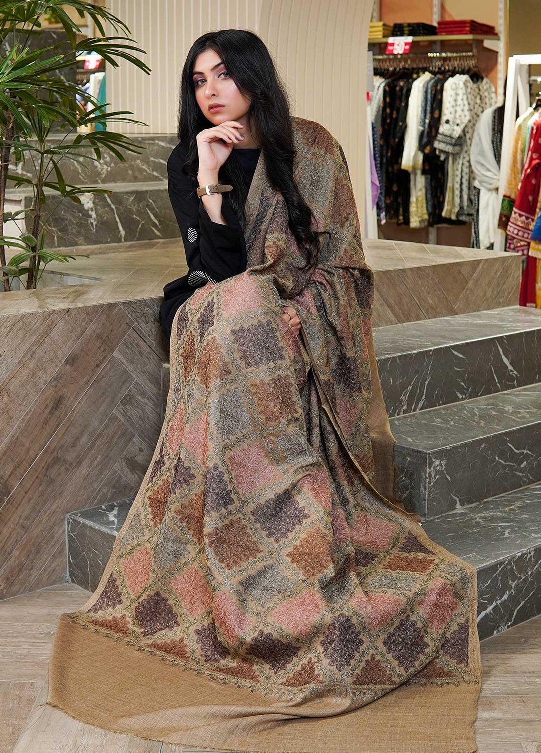 Sanaulla Exclusive Range  Pashmina  Shawls Burfi Jaal AD KPS-26 Brown02 - Pashmina Shawls