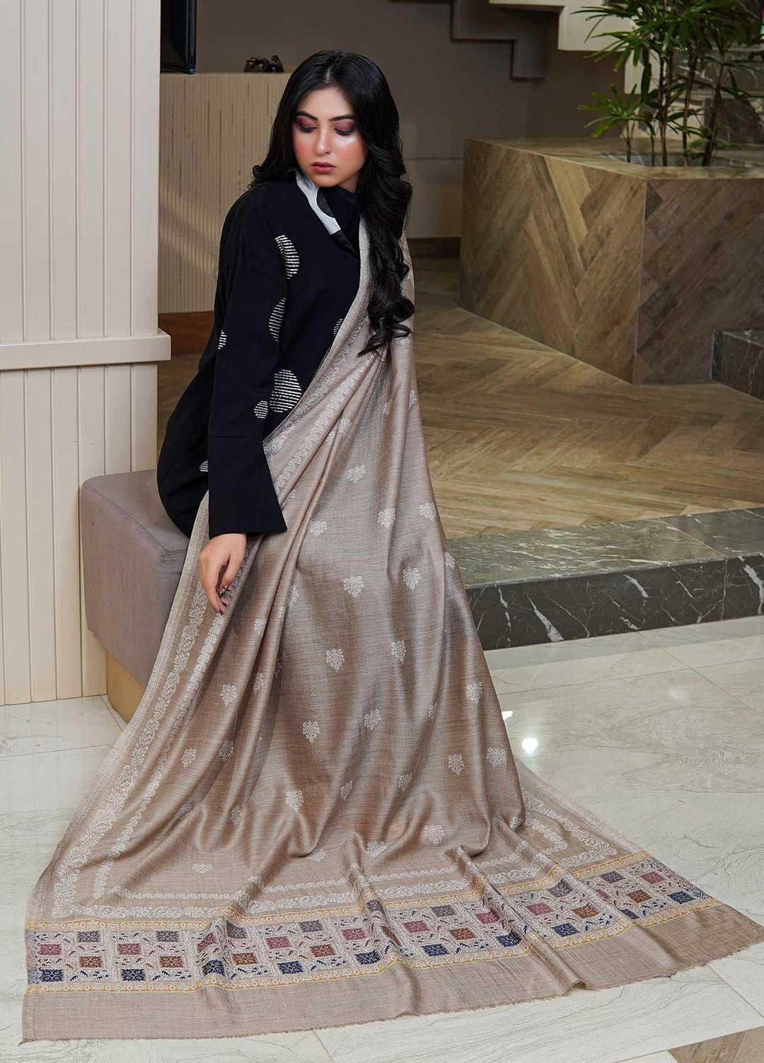 Sanaulla Exclusive Range  Pashmina  Shawls MAMA-07 Fawn-1 - Pashmina Shawls