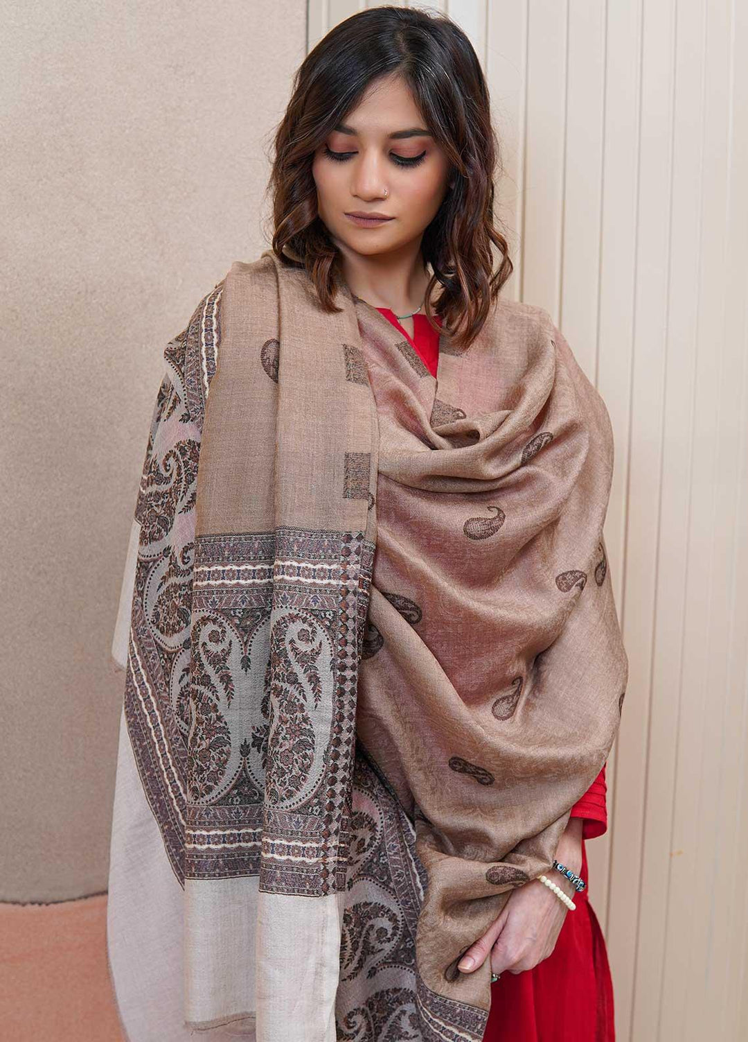 Sanaulla Exclusive Range  Pashmina  Shawls MAMA-07 Fawn-2 - Pashmina Shawls