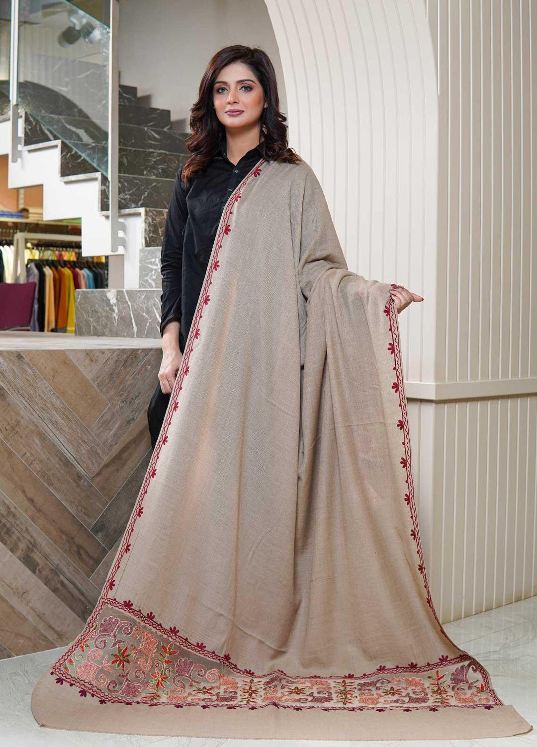 Sanaulla Exclusive Range  Pashmina  Shawls AKP-12 L Brown - Pashmina Shawls