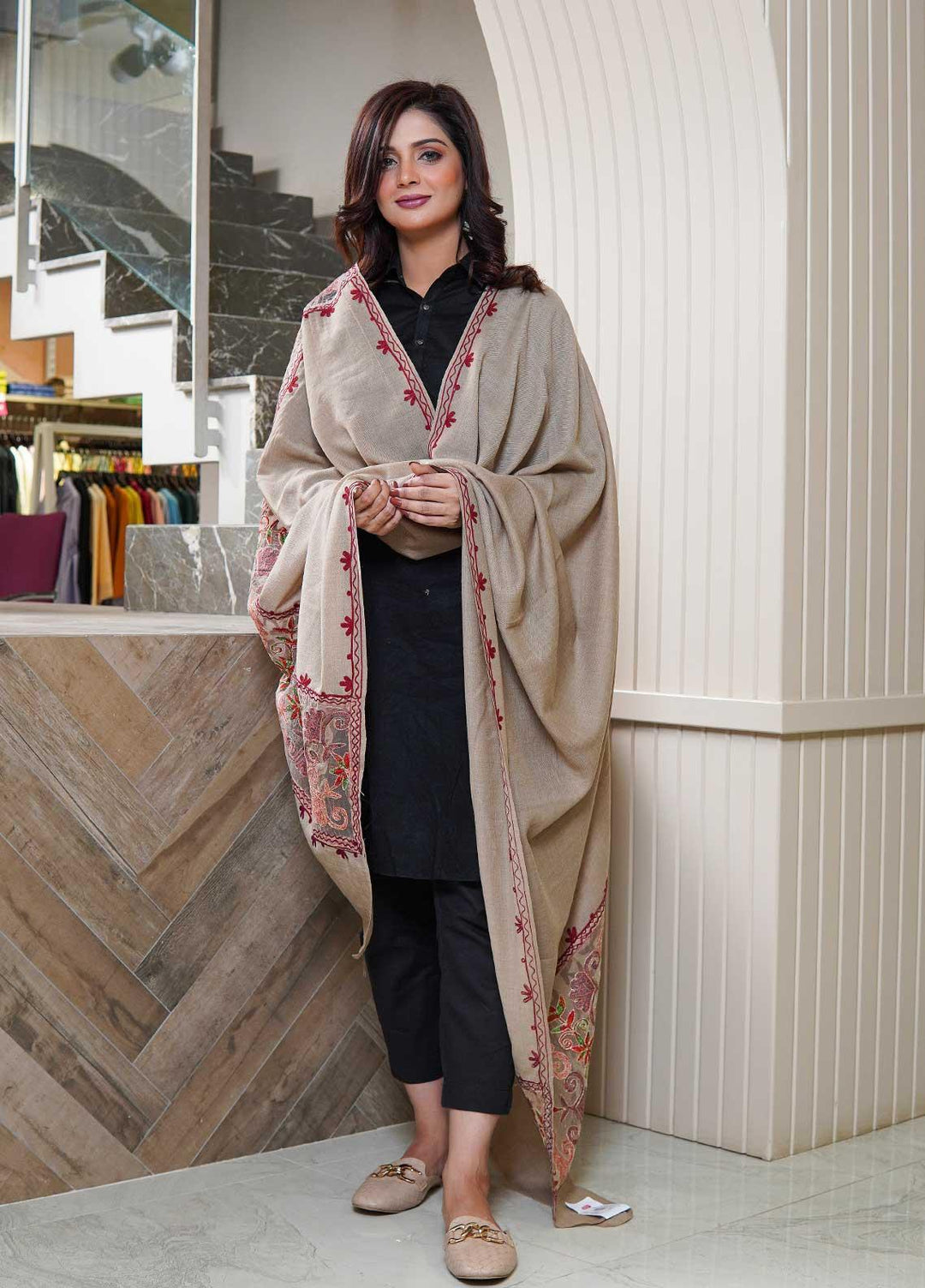 Sanaulla Exclusive Range  Pashmina  Shawls AKP-12 L Brown - Pashmina Shawls