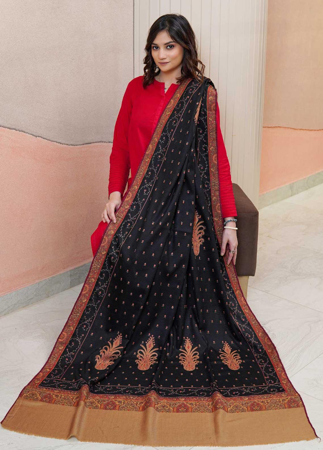 Sanaulla Exclusive Range  Pashmina  Shawls AKP-17 Black - Pashmina Shawls