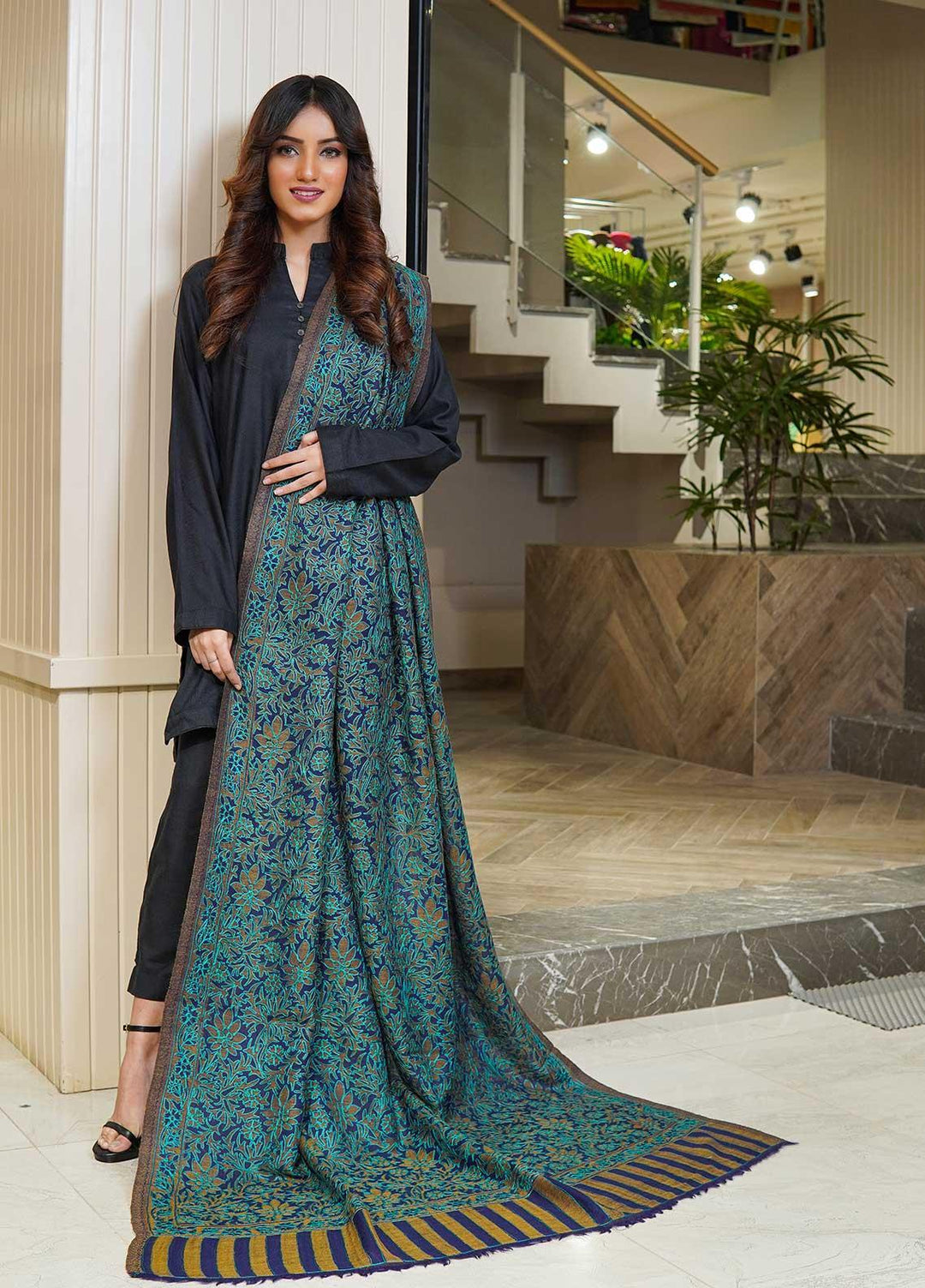 Sanaulla Exclusive Range  Pashmina  Shawls MAMA-06 Ferozi - Pashmina Shawls