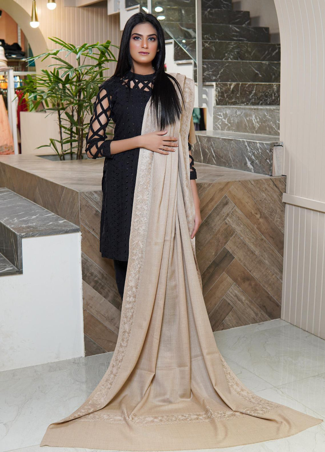 Sanaulla Exclusive Range  Pashmina  Shawls MAMA-52 Fawn-2 - Pashmina Shawls