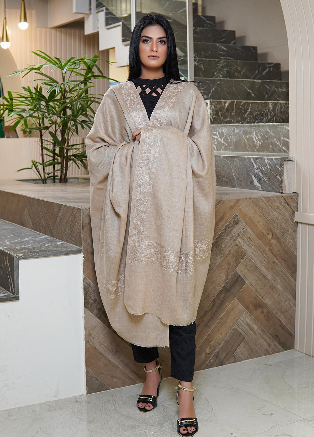 Sanaulla Exclusive Range  Pashmina  Shawls MAMA-52 Fawn-2 - Pashmina Shawls