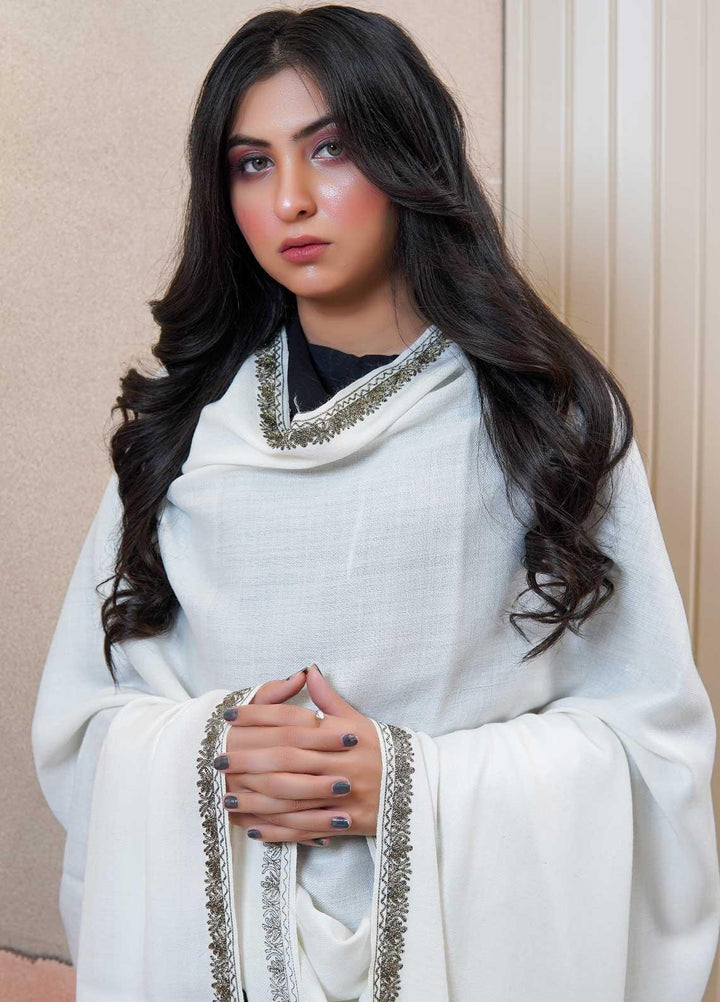 Sanaulla Exclusive Range  Pashmina  Shawls Zarri Hashey A Sp C AD KPS-31 White - Pashmina Shawls