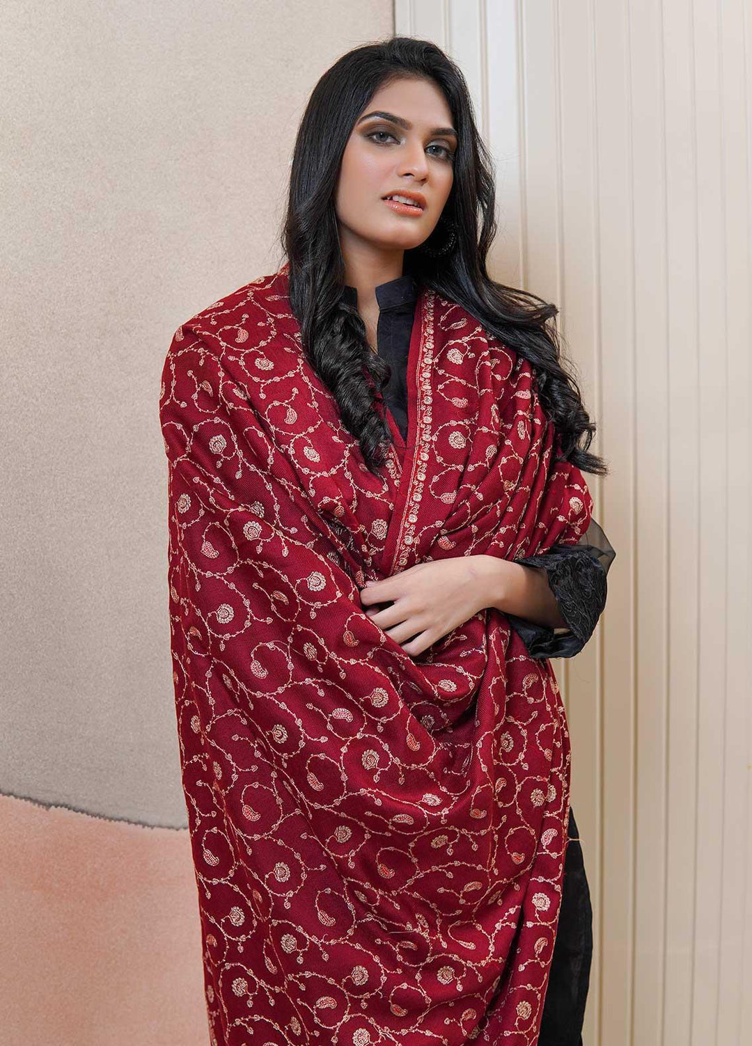 Sanaulla Exclusive Range  Pashmina  Shawls AKP-20 Maroon 01 - Pashmina Shawls