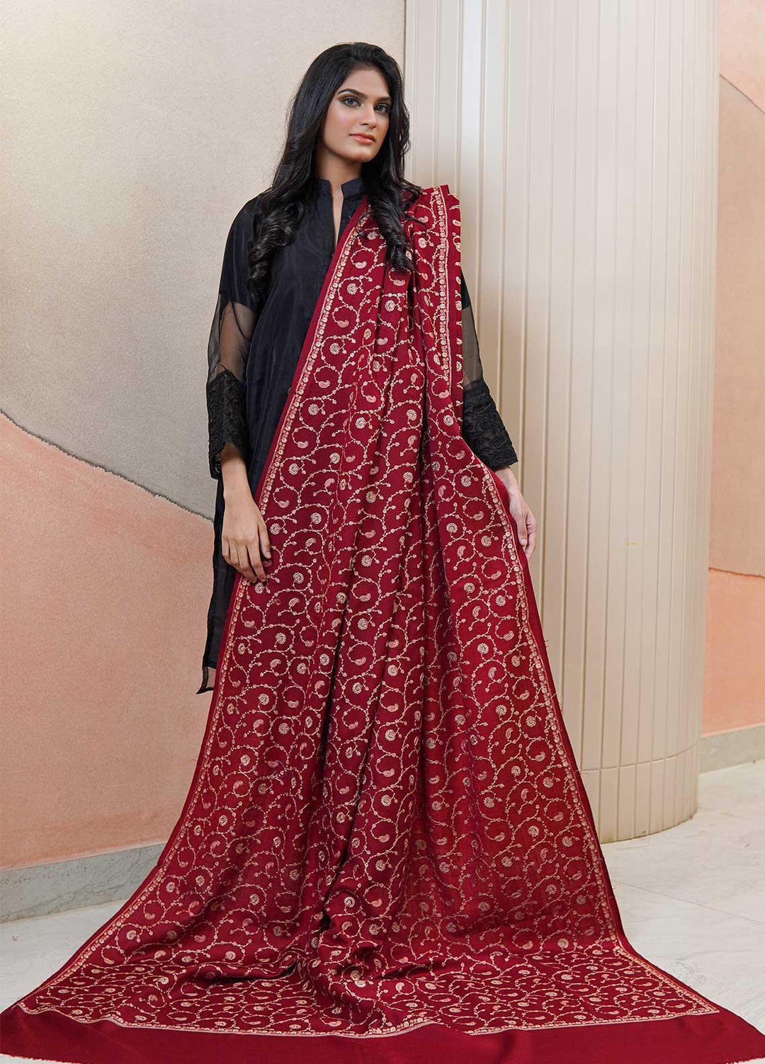 Sanaulla Exclusive Range  Pashmina  Shawls AKP-20 Maroon 01 - Pashmina Shawls