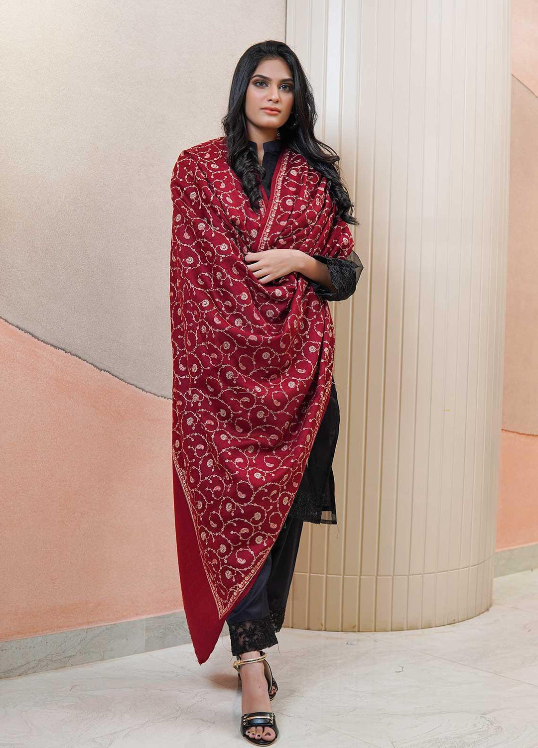 Sanaulla Exclusive Range  Pashmina  Shawls AKP-20 Maroon 01 - Pashmina Shawls