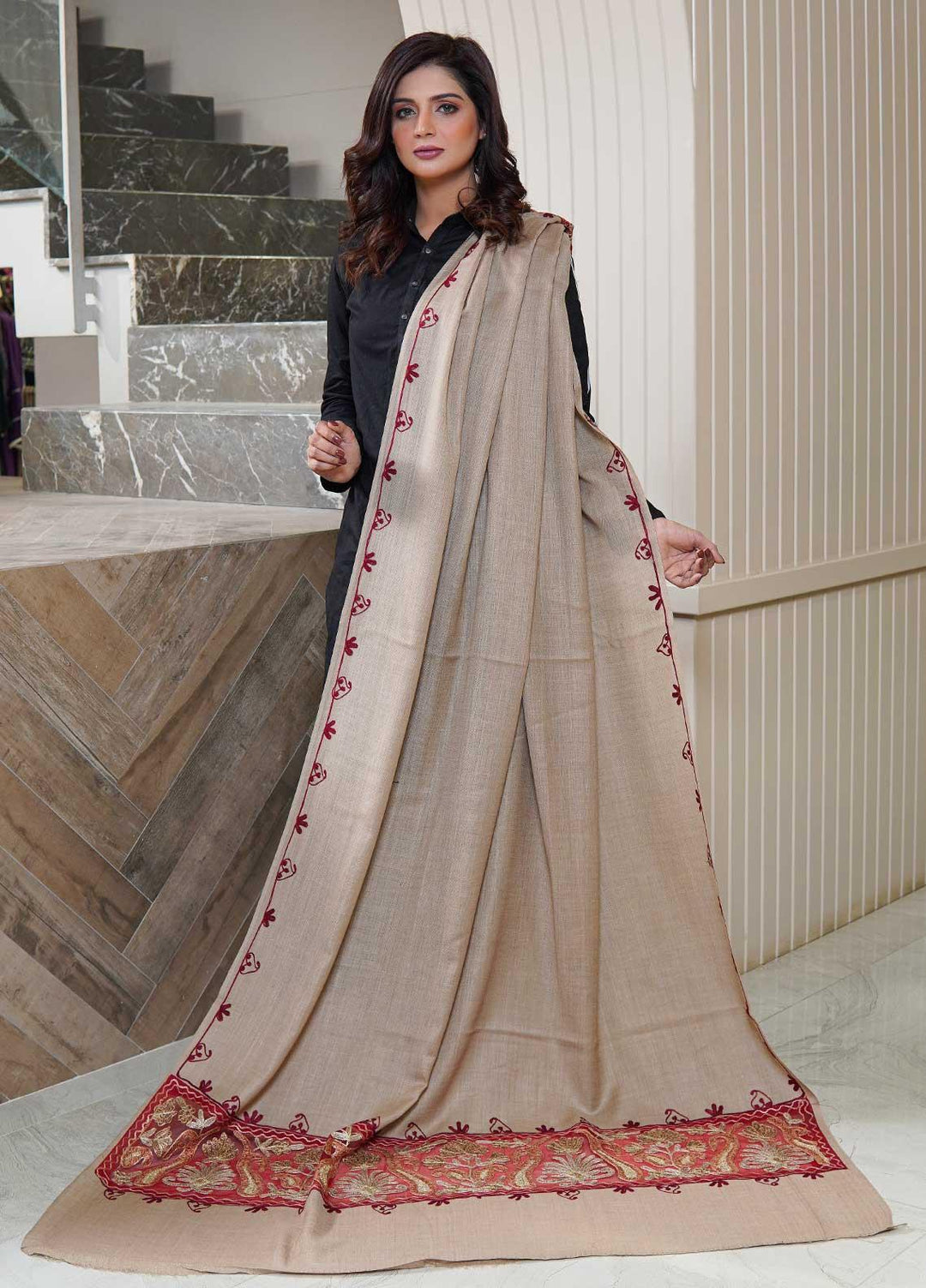 Sanaulla Exclusive Range  Pashmina  Shawls AKP-12 Beige 02 - Pashmina Shawls