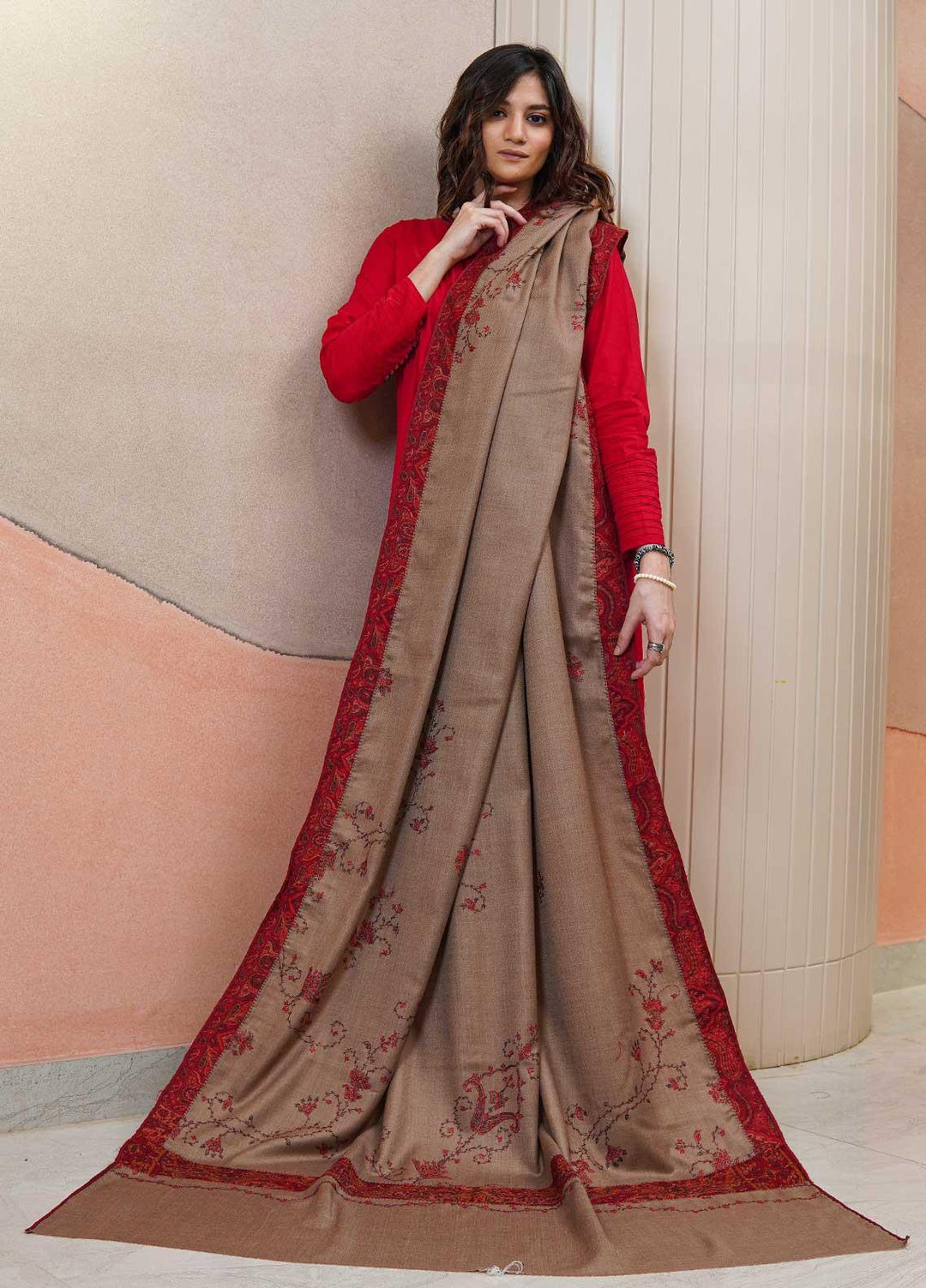 Sanaulla Exclusive Range  Pashmina  Shawls AKP-17 Brown - Pashmina Shawls