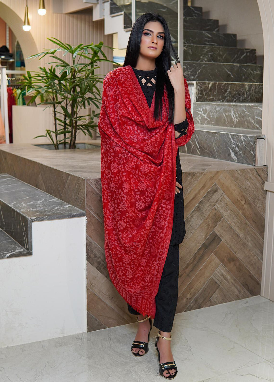 Sanaulla Exclusive Range  Pashmina  Shawls MAMA-35 Red-2 - Pashmina Shawls