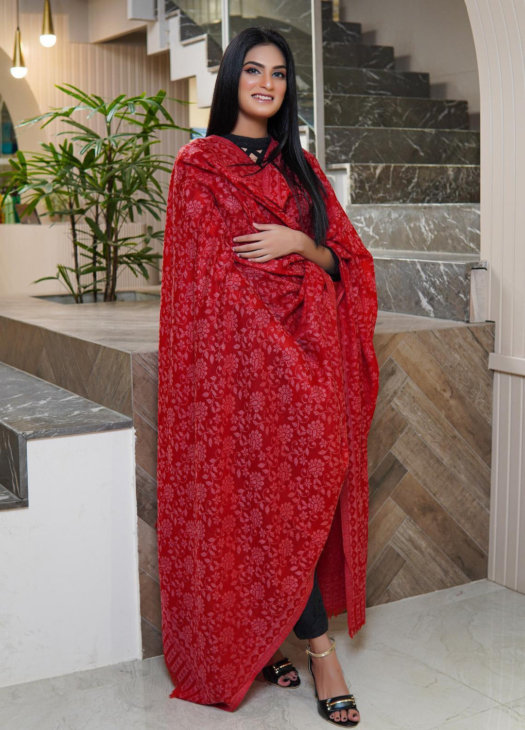 Sanaulla Exclusive Range  Pashmina  Shawls MAMA-35 Red-2 - Pashmina Shawls