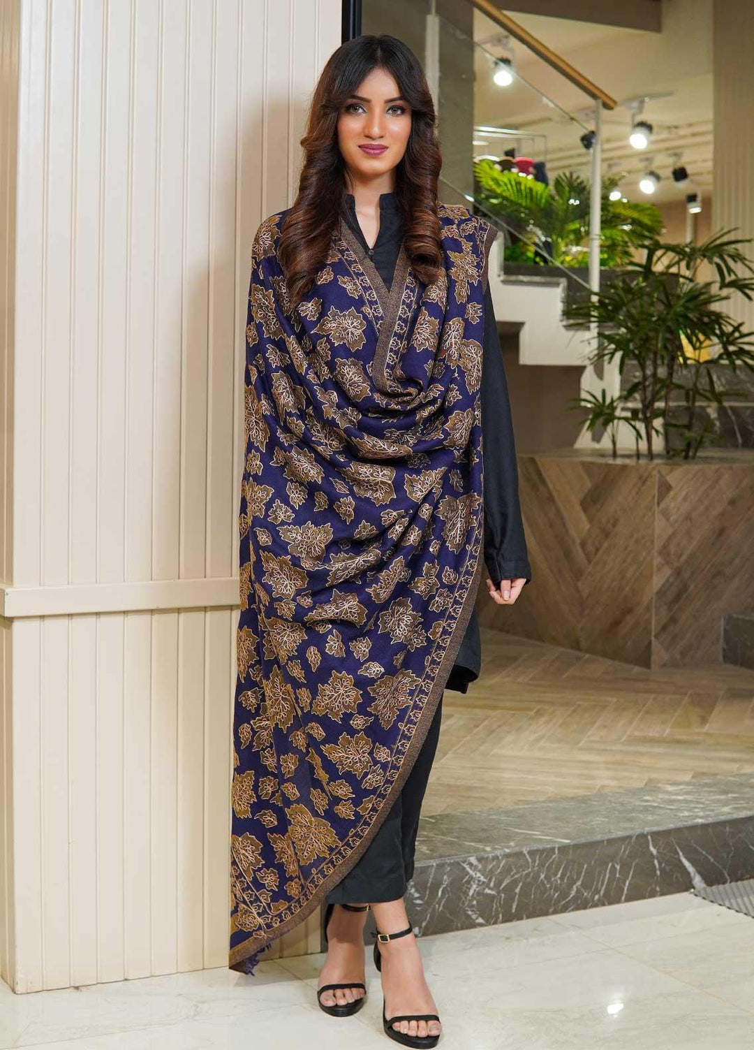 Sanaulla Exclusive Range  Pashmina  Shawls MAMA-06 Blue-2 - Pashmina Shawls