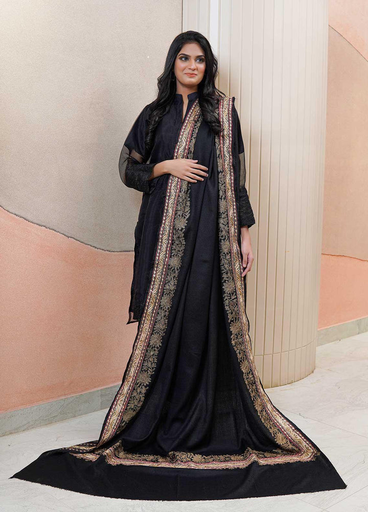 Sanaulla Exclusive Range  Pashmina  Shawls Naliki Tissue Boder KPS-01 Black - Pashmina Shawls