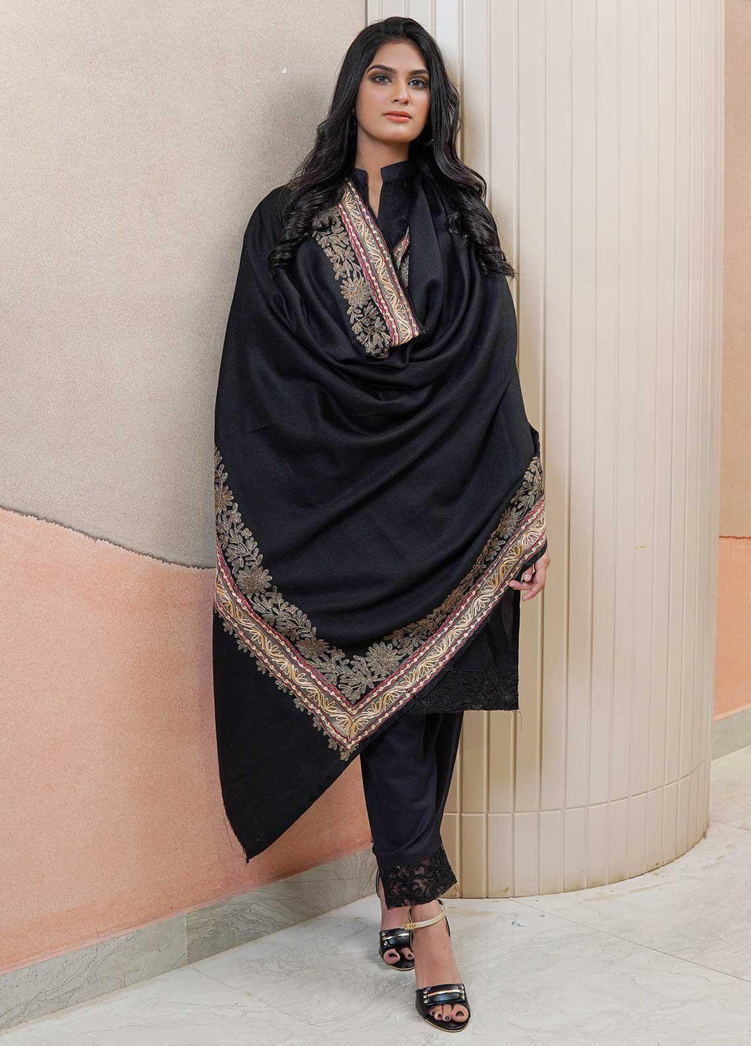 Sanaulla Exclusive Range  Pashmina  Shawls Naliki Tissue Boder KPS-01 Black - Pashmina Shawls