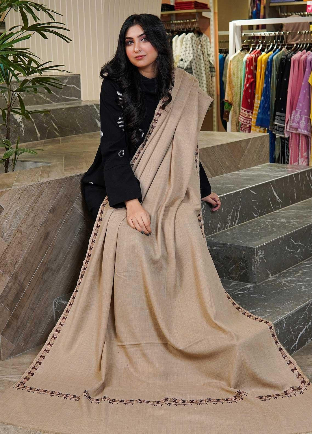 Sanaulla Exclusive Range  Pashmina  Shawls Zarri Hashey A Sp C AD KPS-31 Fawn04 - Pashmina Shawls
