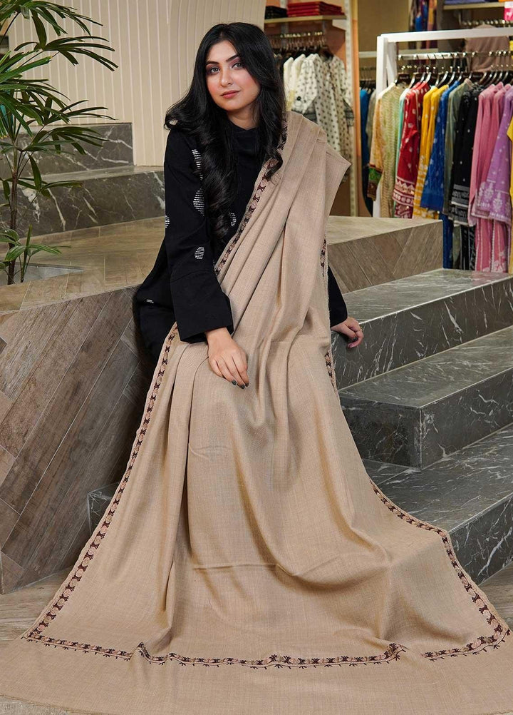 Sanaulla Exclusive Range  Pashmina  Shawls Zarri Hashey A Sp C AD KPS-31 Fawn04 - Pashmina Shawls