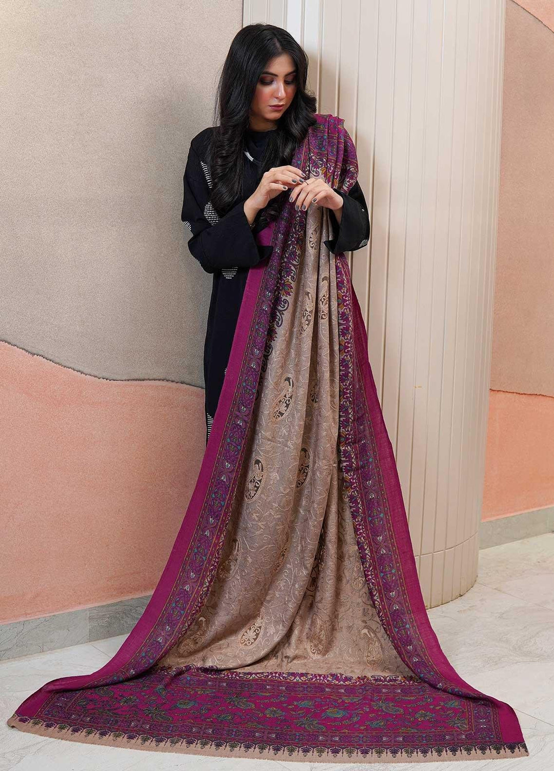 Sanaulla Exclusive Range  Pashmina  Shawls AKP-09 Brown 02 - Pashmina Shawls