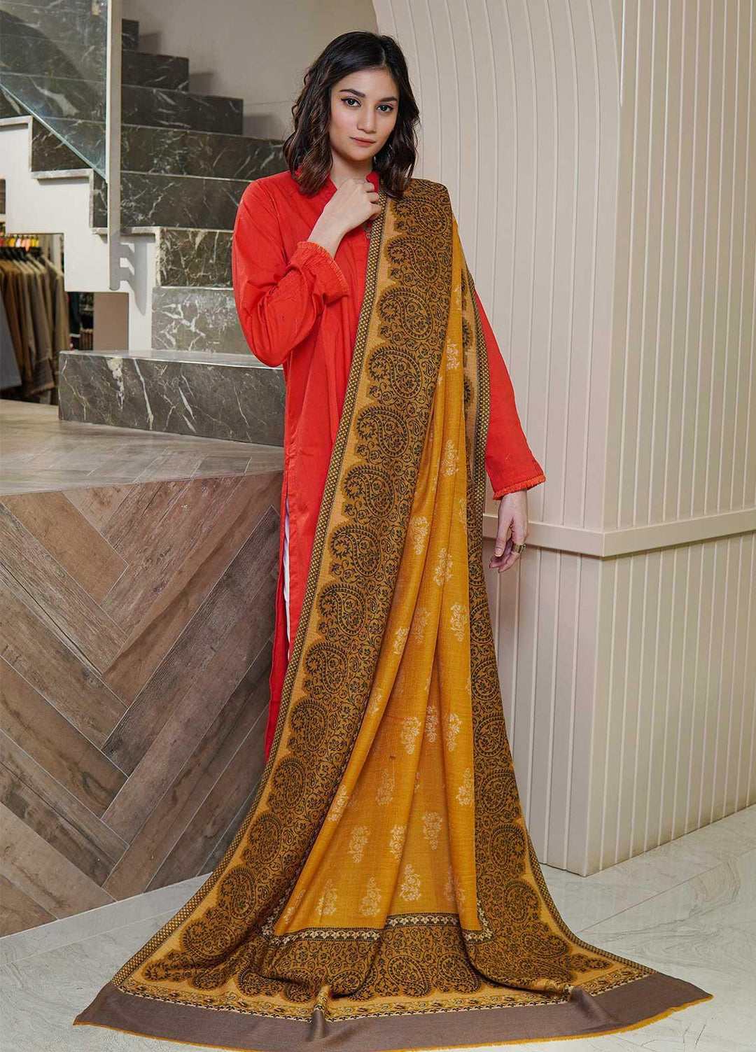 Sanaulla Exclusive Range  Pashmina  Shawls MAMA-12 Mustard-2 - Pashmina Shawls