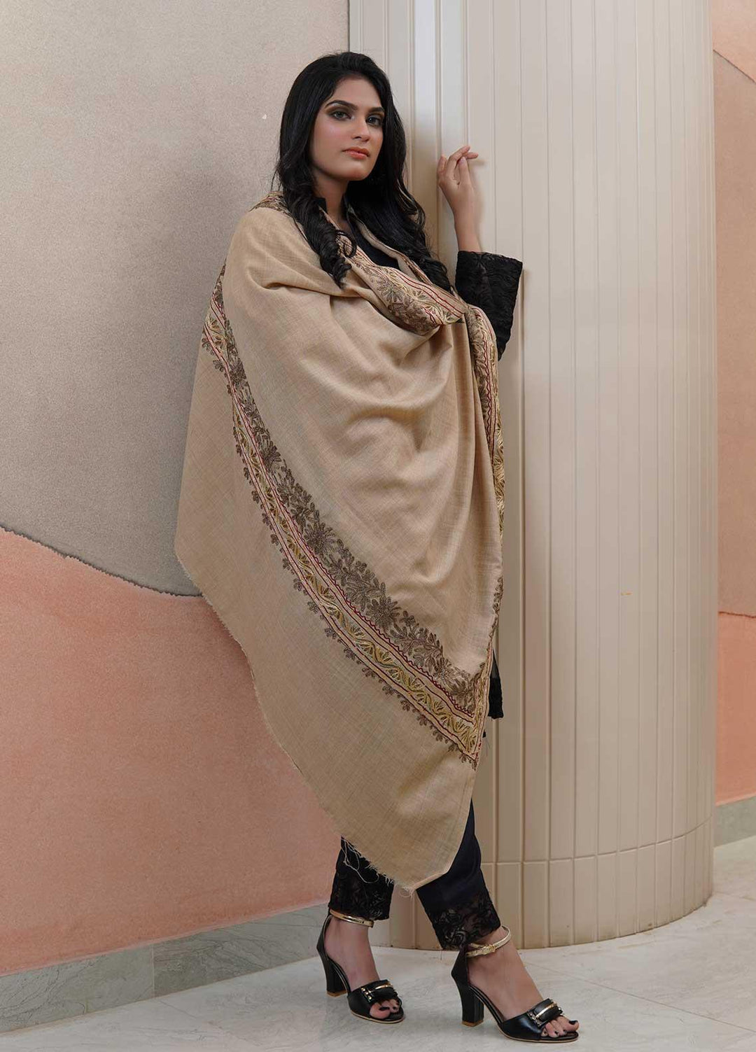 Sanaulla Exclusive Range  Pashmina  Shawls Naliki Tissue Boder KPS-01 Brown - Pashmina Shawls