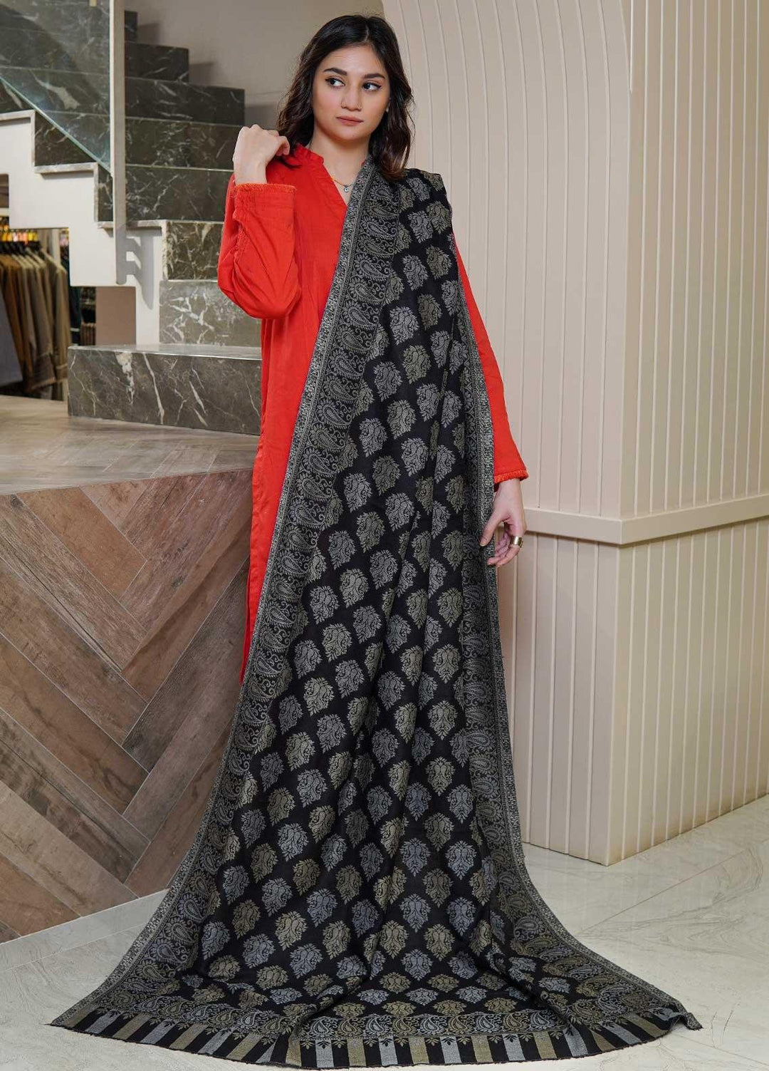 Sanaulla Exclusive Range  Pashmina  Shawls MAMA-12 Black-1 - Pashmina Shawls