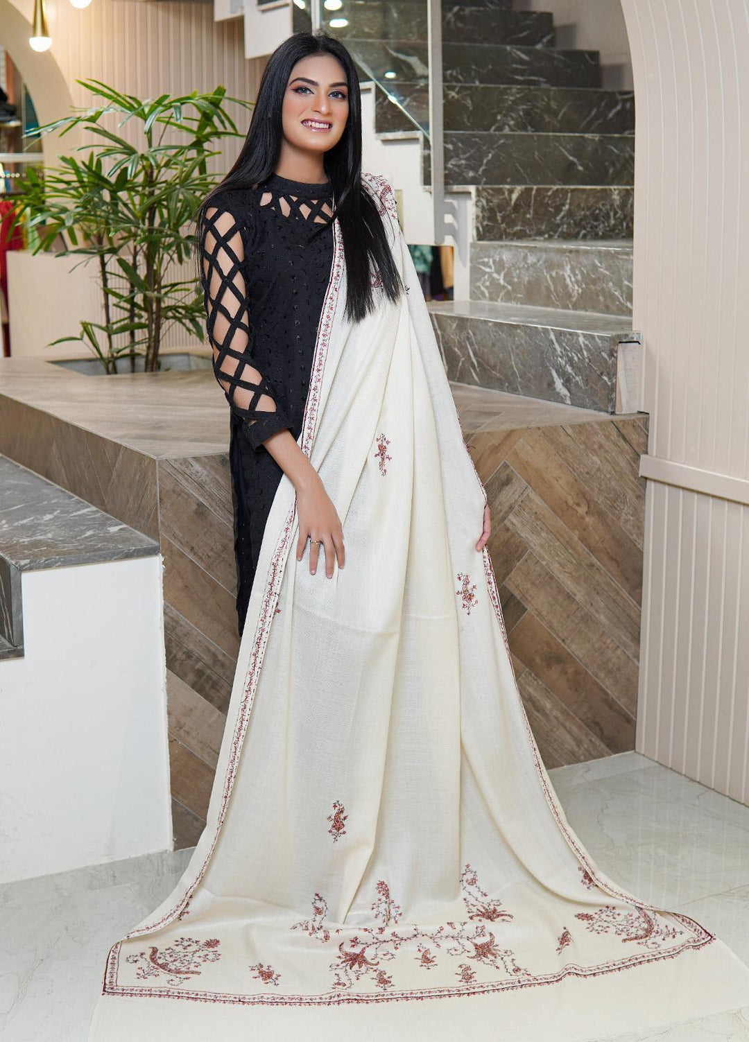 Sanaulla Exclusive Range  Pashmina  Shawls MAMA-30 Off White-1 - Pashmina Shawls