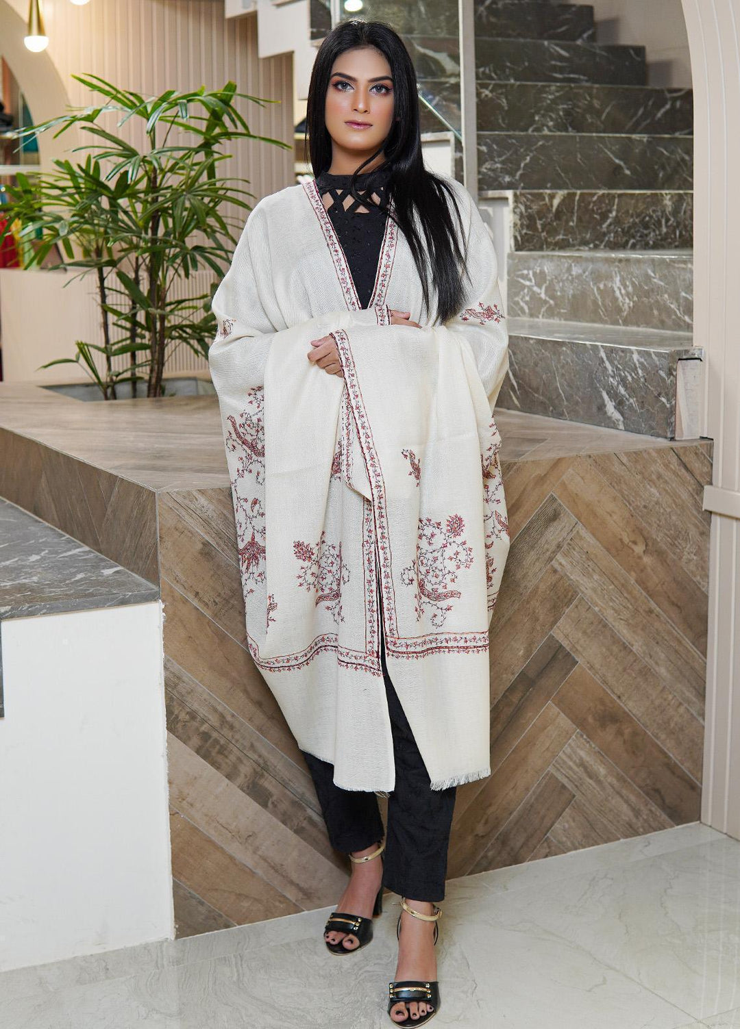 Sanaulla Exclusive Range  Pashmina  Shawls MAMA-30 Off White-1 - Pashmina Shawls