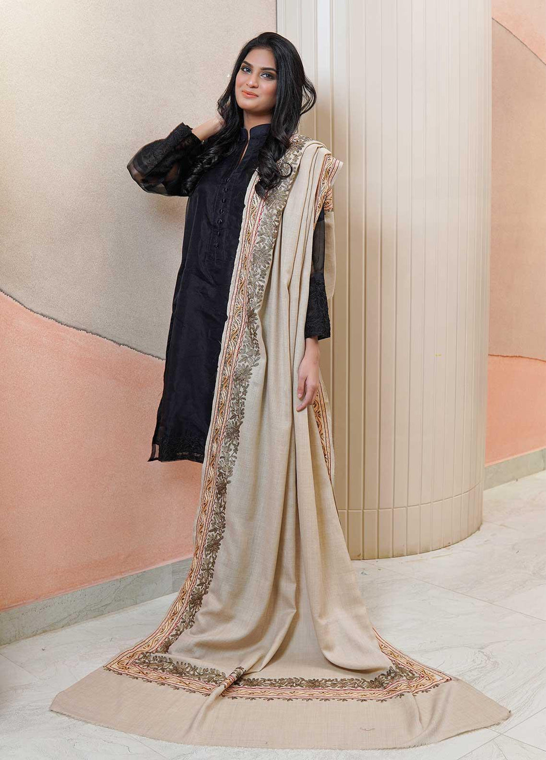 Sanaulla Exclusive Range  Pashmina  Shawls Naliki Tissue Boder KPS-01 Fawn - Pashmina Shawls