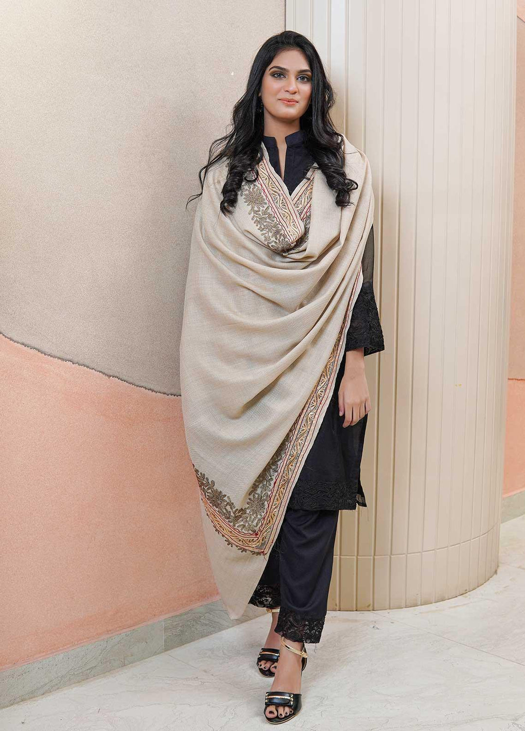 Sanaulla Exclusive Range  Pashmina  Shawls Naliki Tissue Boder KPS-01 Fawn - Pashmina Shawls