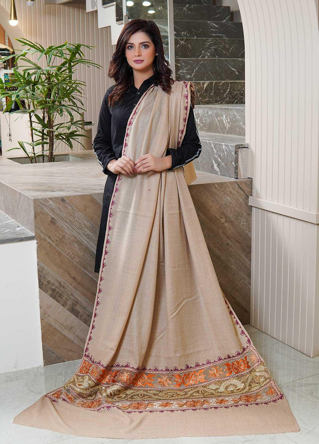 Sanaulla Exclusive Range  Pashmina  Shawls AKP-12 Beige 03 - Pashmina Shawls