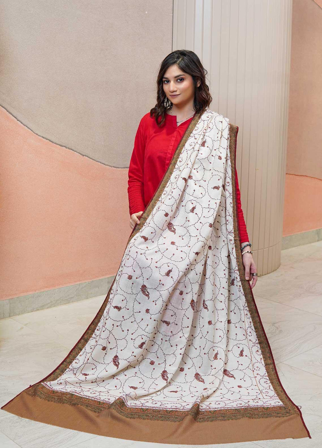 Sanaulla Exclusive Range  Pashmina  Shawls AKP-17 White - Pashmina Shawls