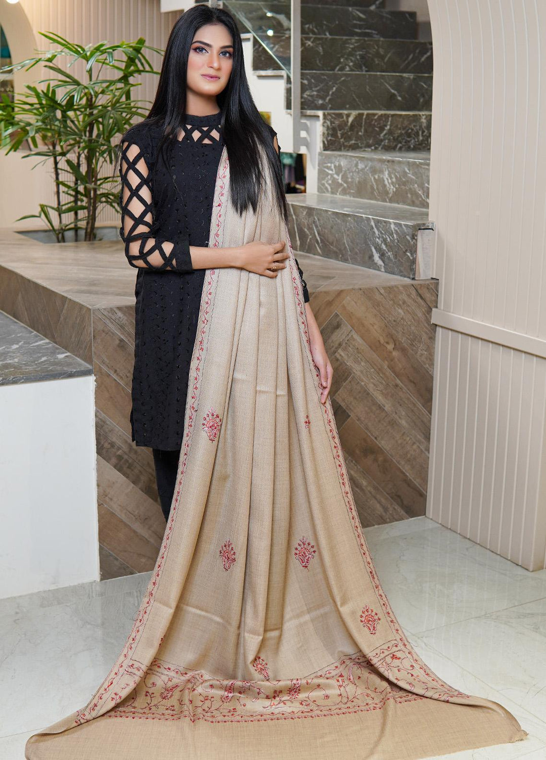 Sanaulla Exclusive Range  Pashmina  Shawls MAMA-30 Fawn-3 - Pashmina Shawls