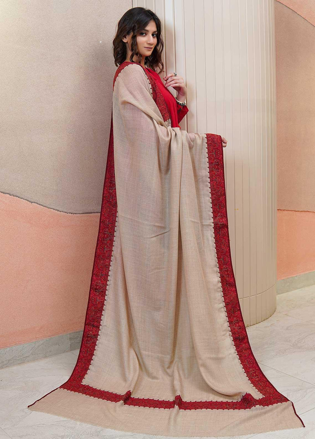 Sanaulla Exclusive Range  Pashmina  Shawls AKP-18 Beige 02 - Pashmina Shawls