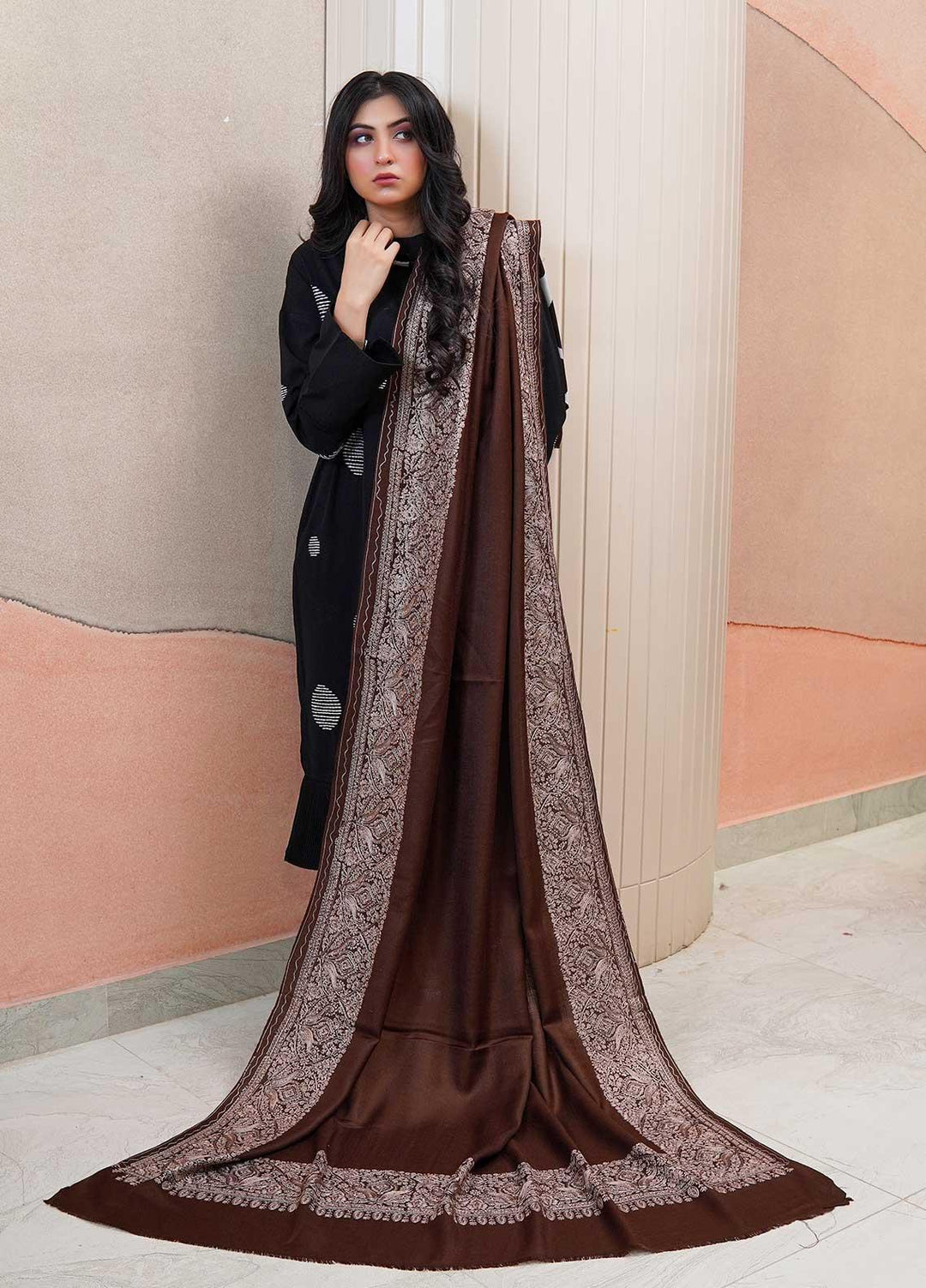 Sanaulla Exclusive Range  Pashmina  Shawls AKP-10 D Brown - Pashmina Shawls