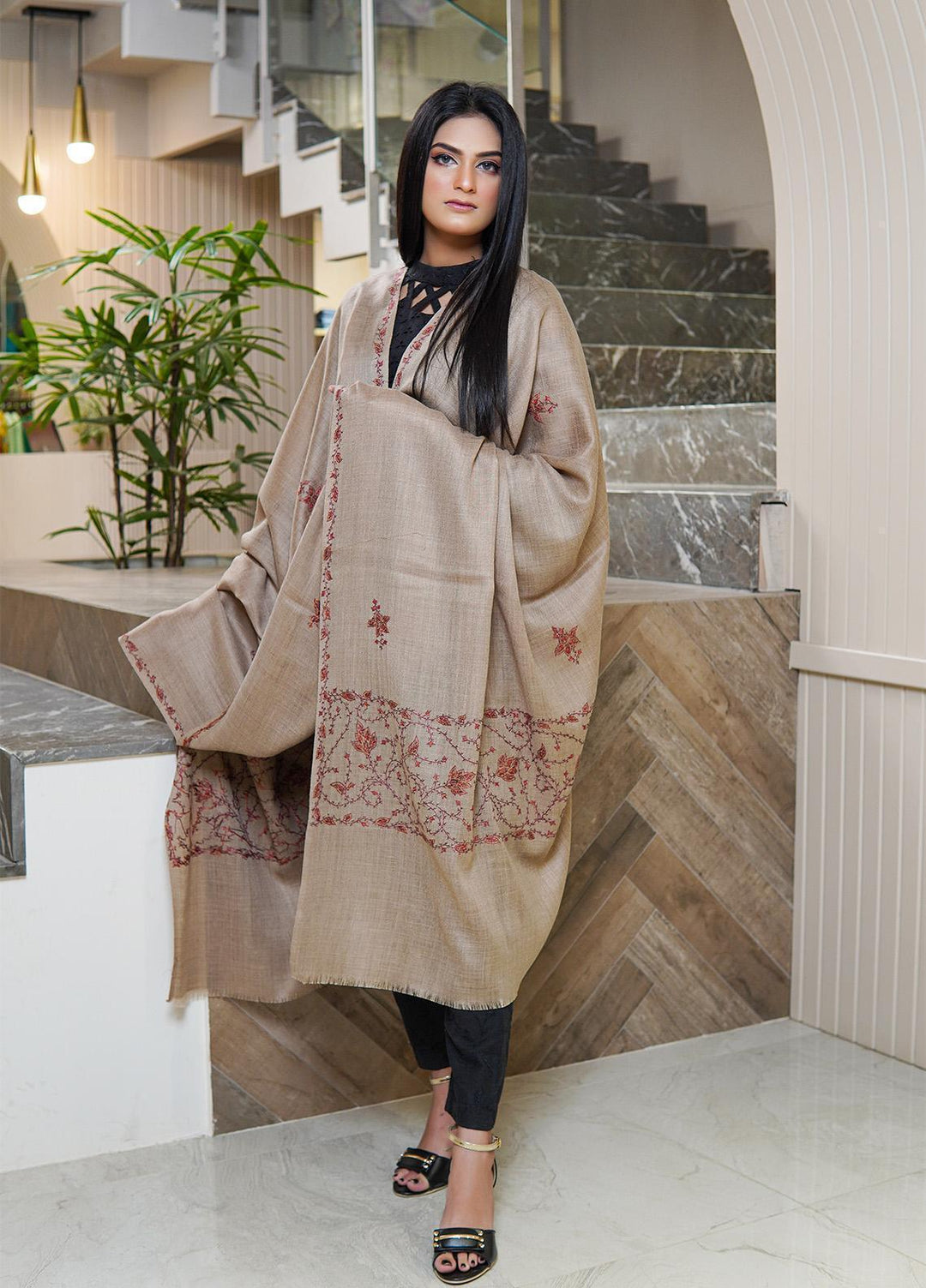 Sanaulla Exclusive Range  Pashmina  Shawls MAMA-30 Brown-2 - Pashmina Shawls