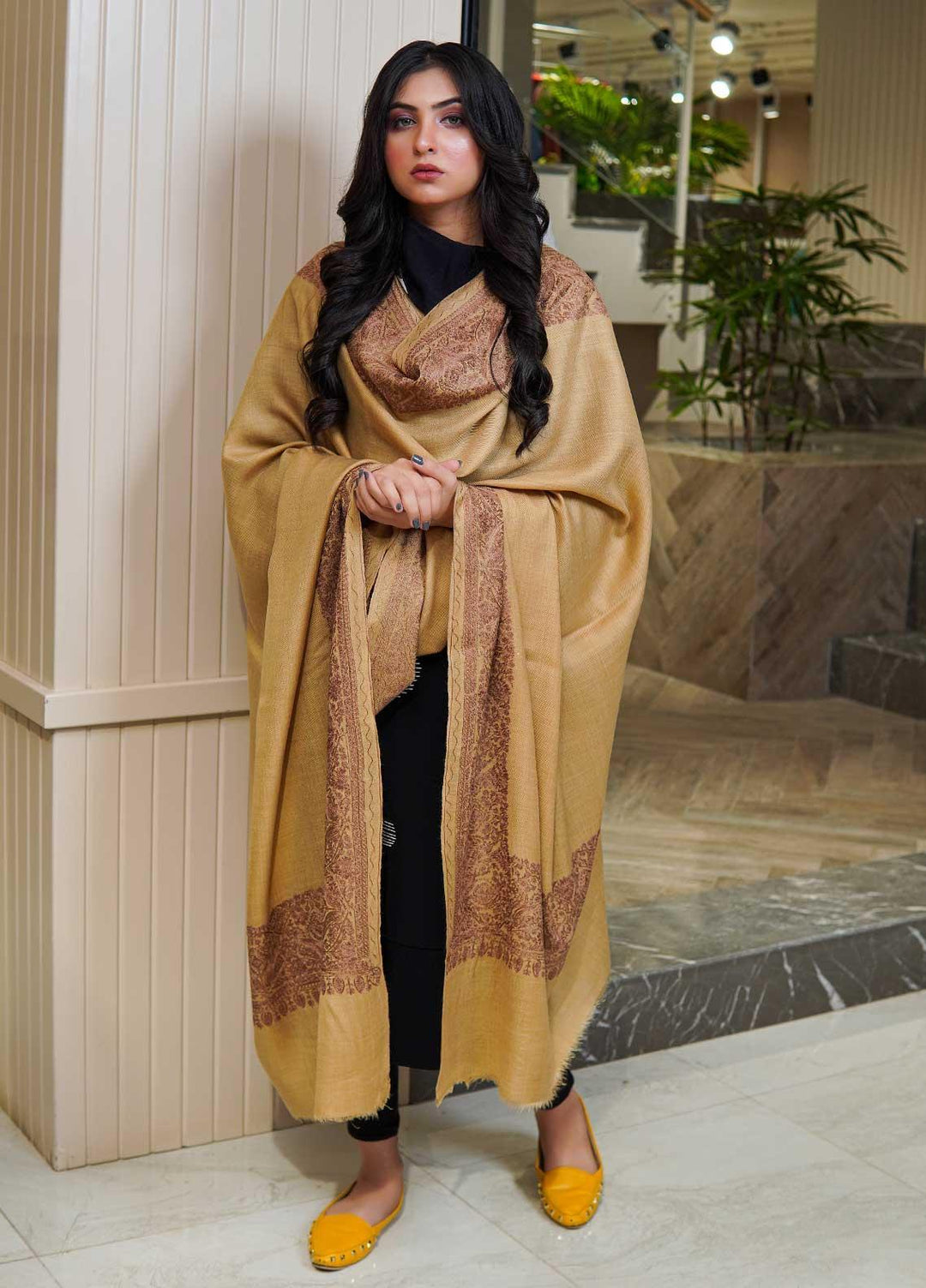 Sanaulla Exclusive Range  Pashmina  Shawls AKP-10 L Yellow - Pashmina Shawls