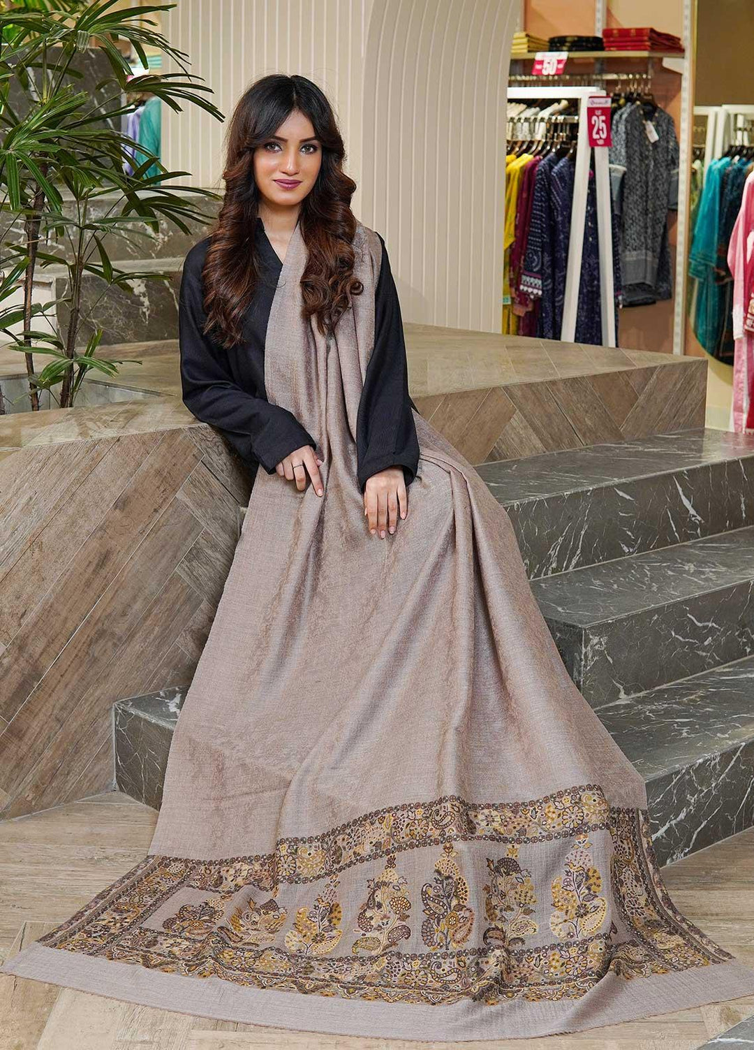 Sanaulla Exclusive Range  Pashmina  Shawls MAMA-09 Beige-6 - Pashmina Shawls