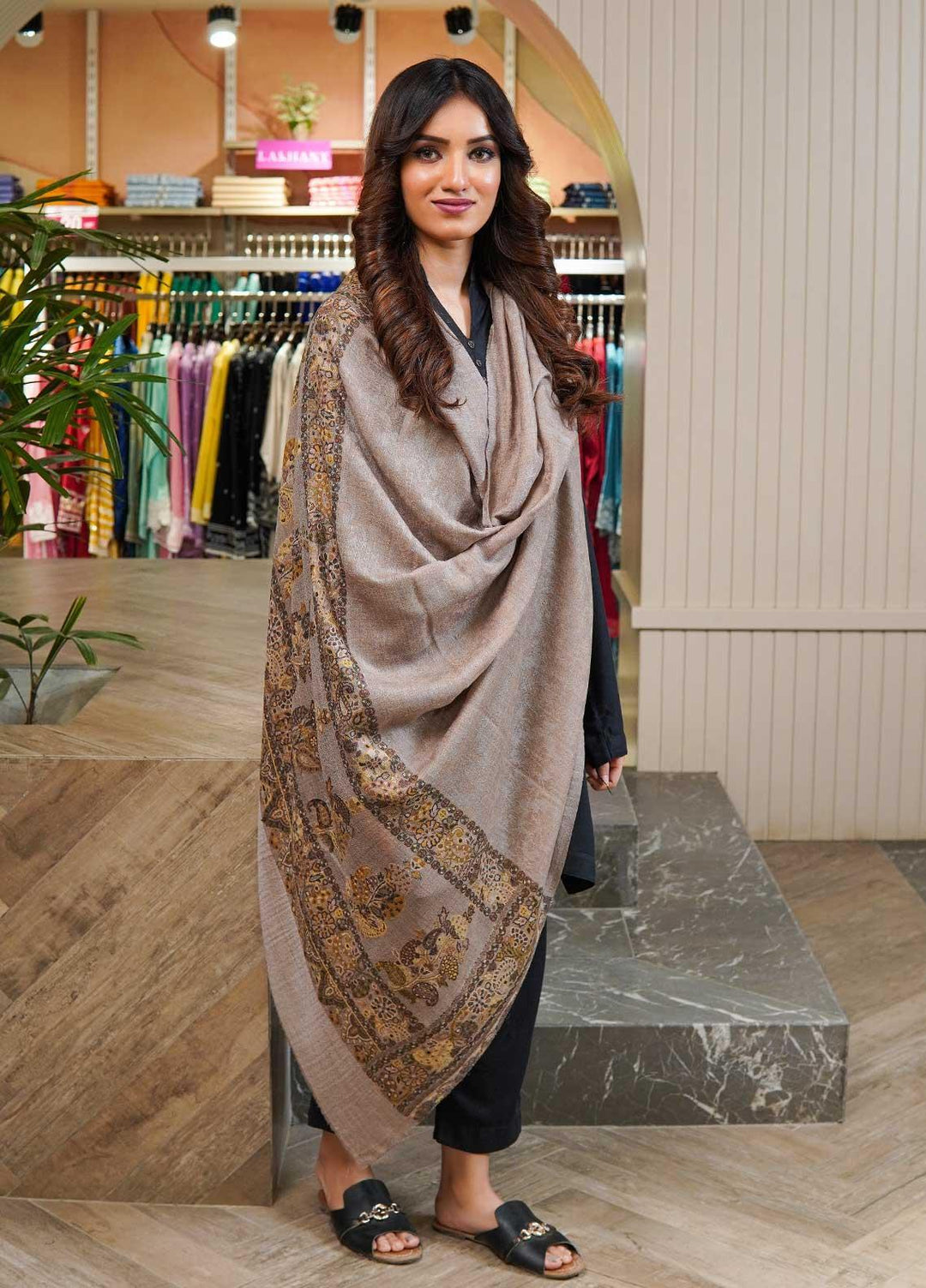 Sanaulla Exclusive Range  Pashmina  Shawls MAMA-09 Beige-6 - Pashmina Shawls