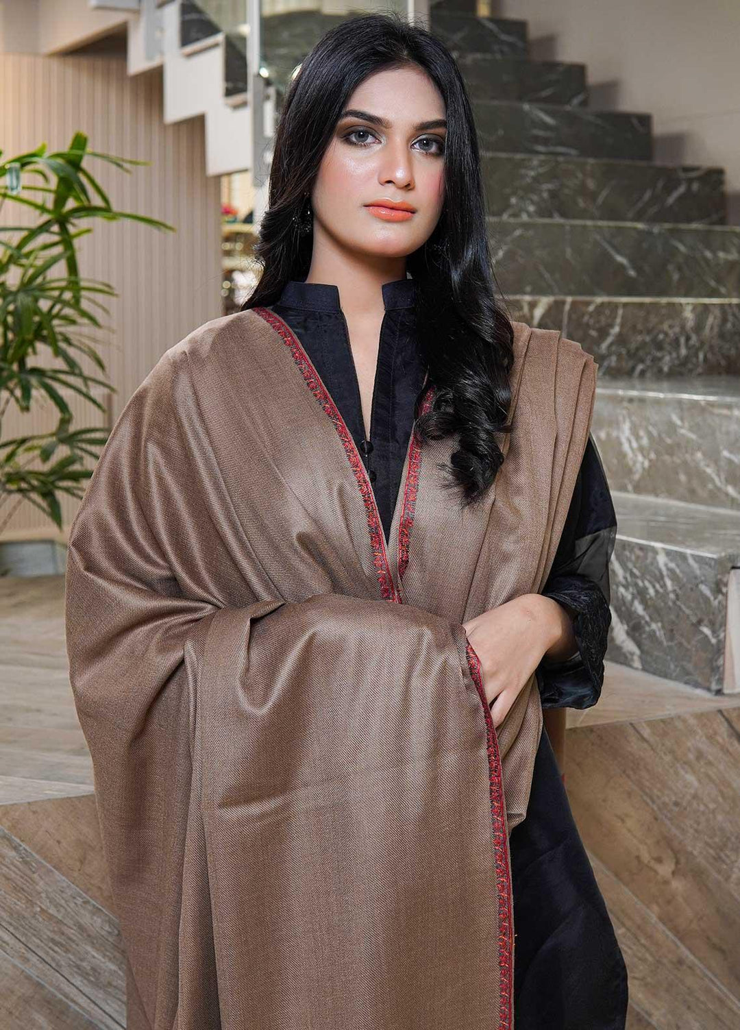 Sanaulla Exclusive Range  Pashmina  Shawls Kingri T DD KPS-21 Dark Brown03 - Pashmina Shawls