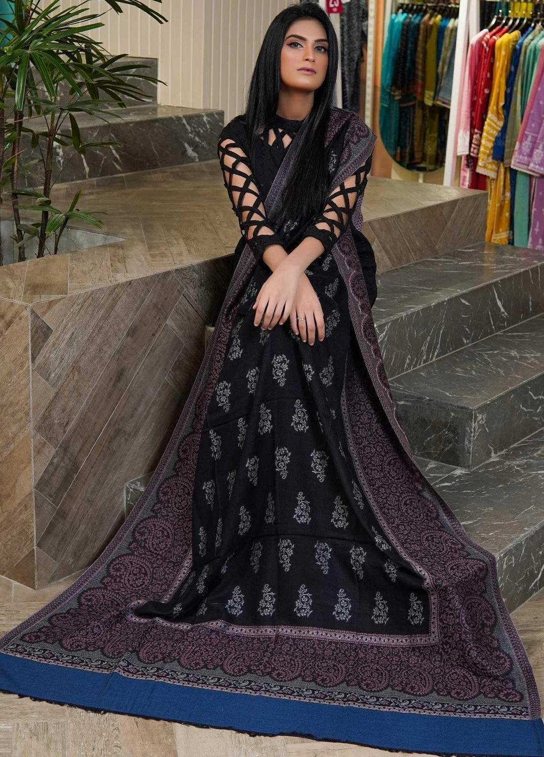 Sanaulla Exclusive Range  Pashmina  Shawls MAMA-12 Blue-4 - Pashmina Shawls