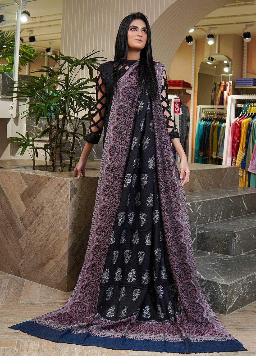 Sanaulla Exclusive Range  Pashmina  Shawls MAMA-12 Blue-4 - Pashmina Shawls